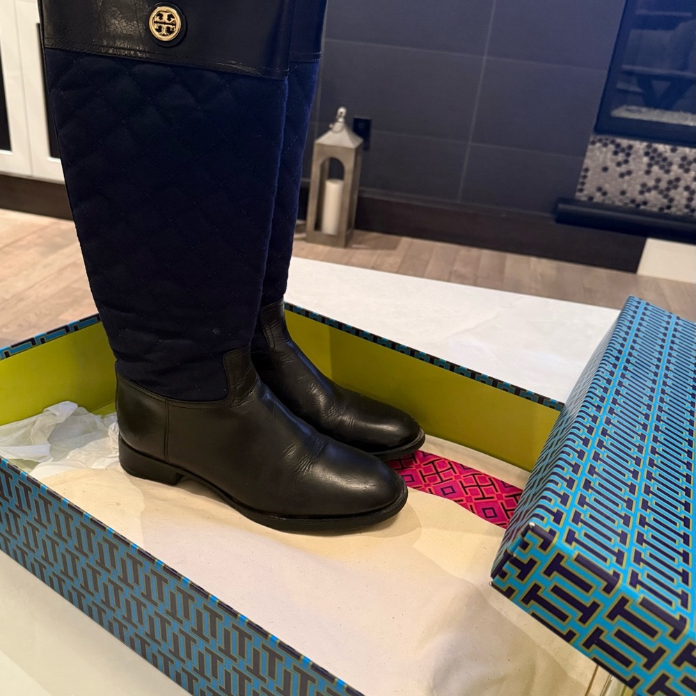 Tory Burch Black and Navy Quilted Boots with Classic Riding Style